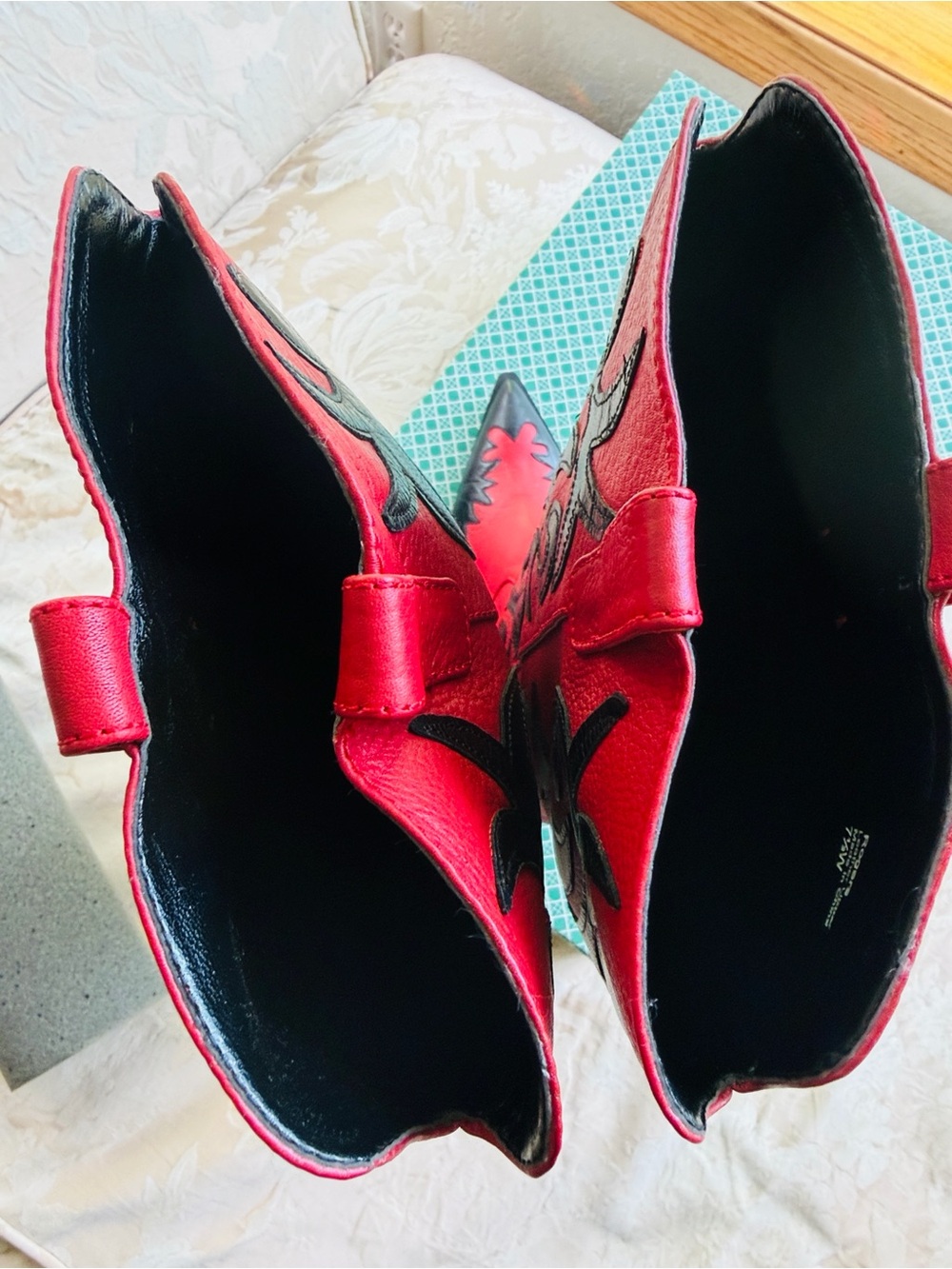 Vintage J. Renee ROGERS Red Black Leather Cowboy Boots 7.5W NIB Flame Y2K - Picture 8 of 14